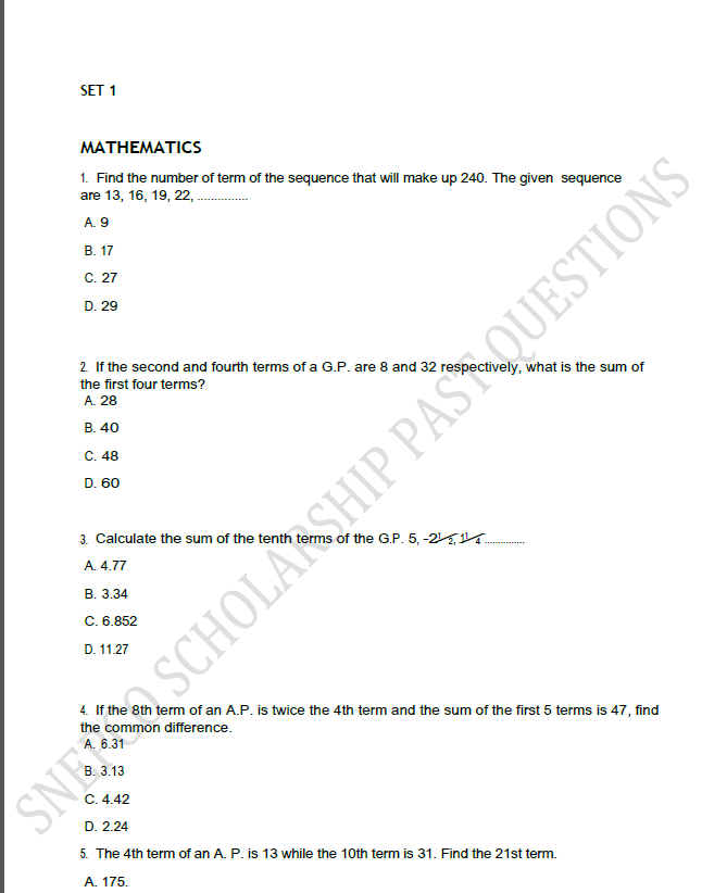 Sample / Screenshot of SNEPCO Scholarship Past Questions